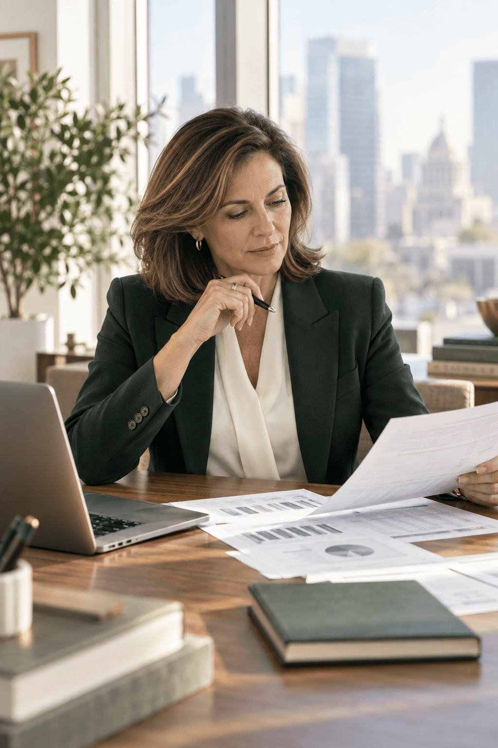 Finance executive reviewing financial reports at her desk
